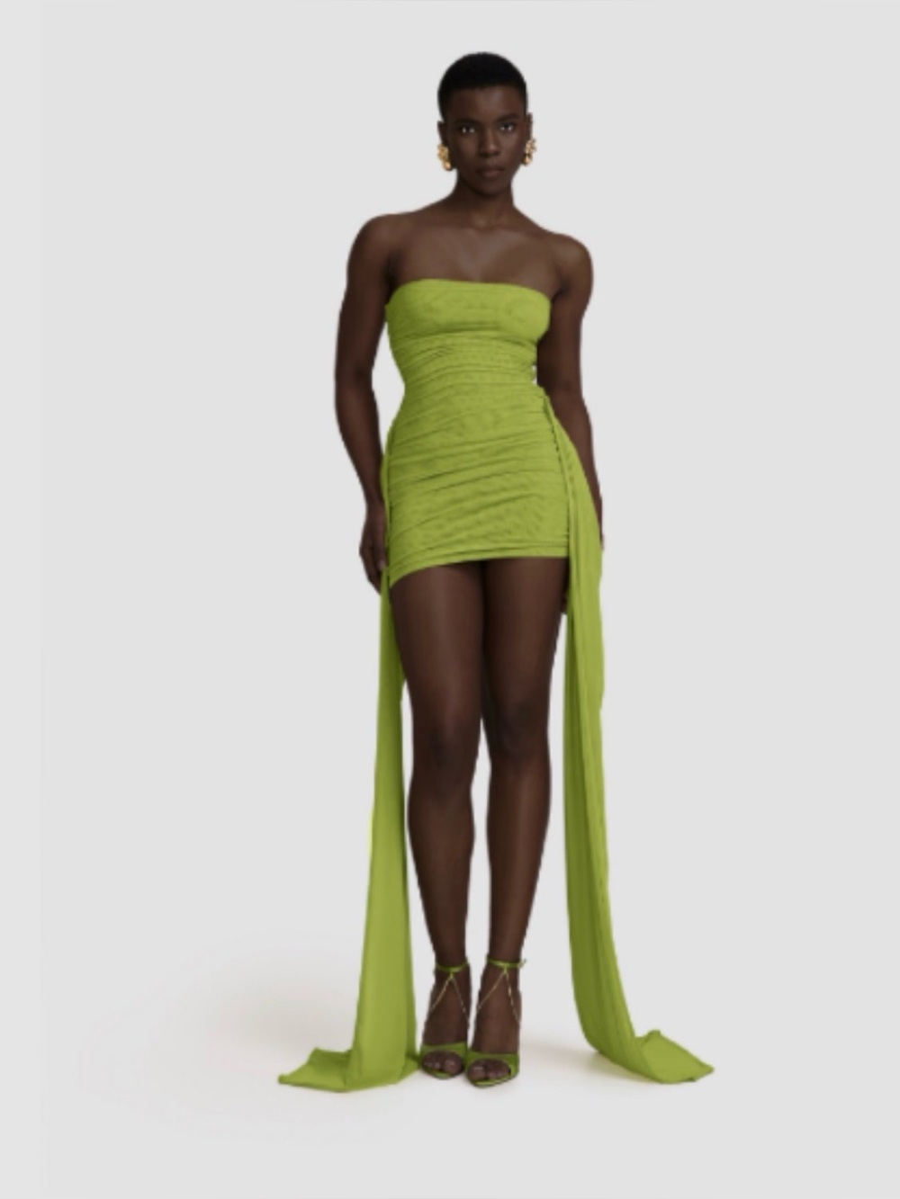 BBX Brand Zaya Ruched Mini Dress XS Chartreuse Green Cape Panels | RARE